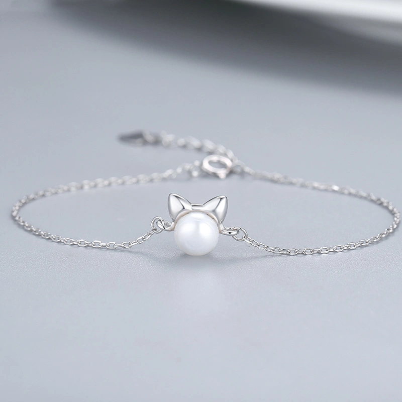 Pearl Cat Head 925 Sterling Silver Double Chain Bracelet