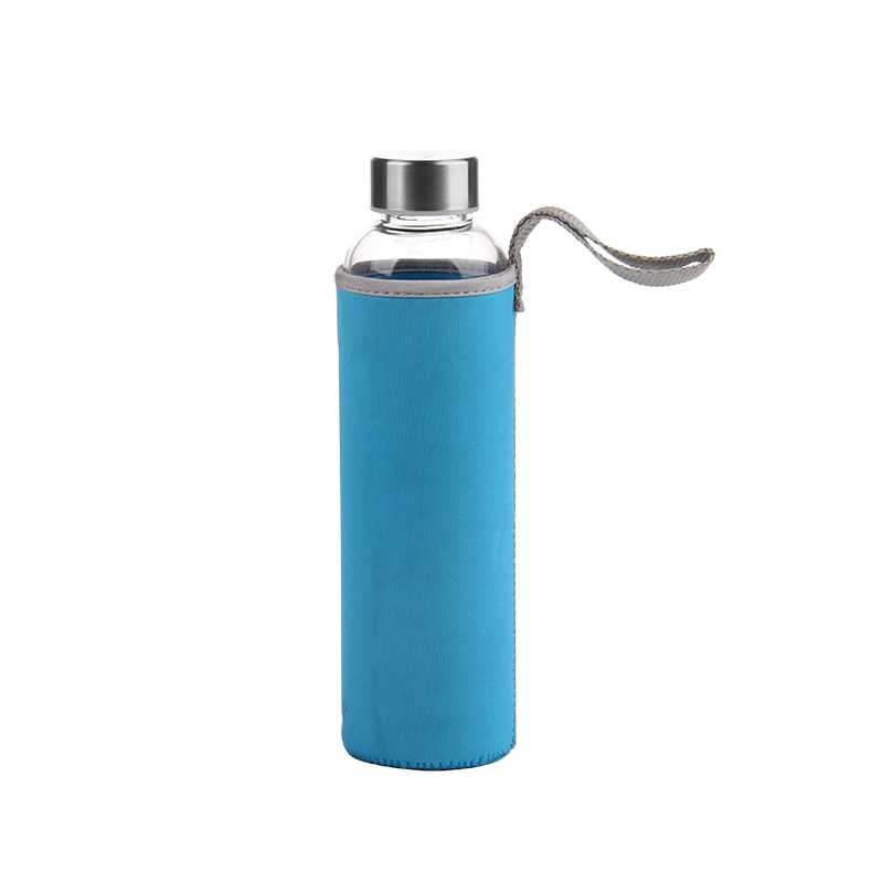 900ml Manufacture Portable Outdoor Hand Blown Heat-Resistant Glass Water Juice Drinking Bottle with Lid and Protective Sleeve with Customized Design