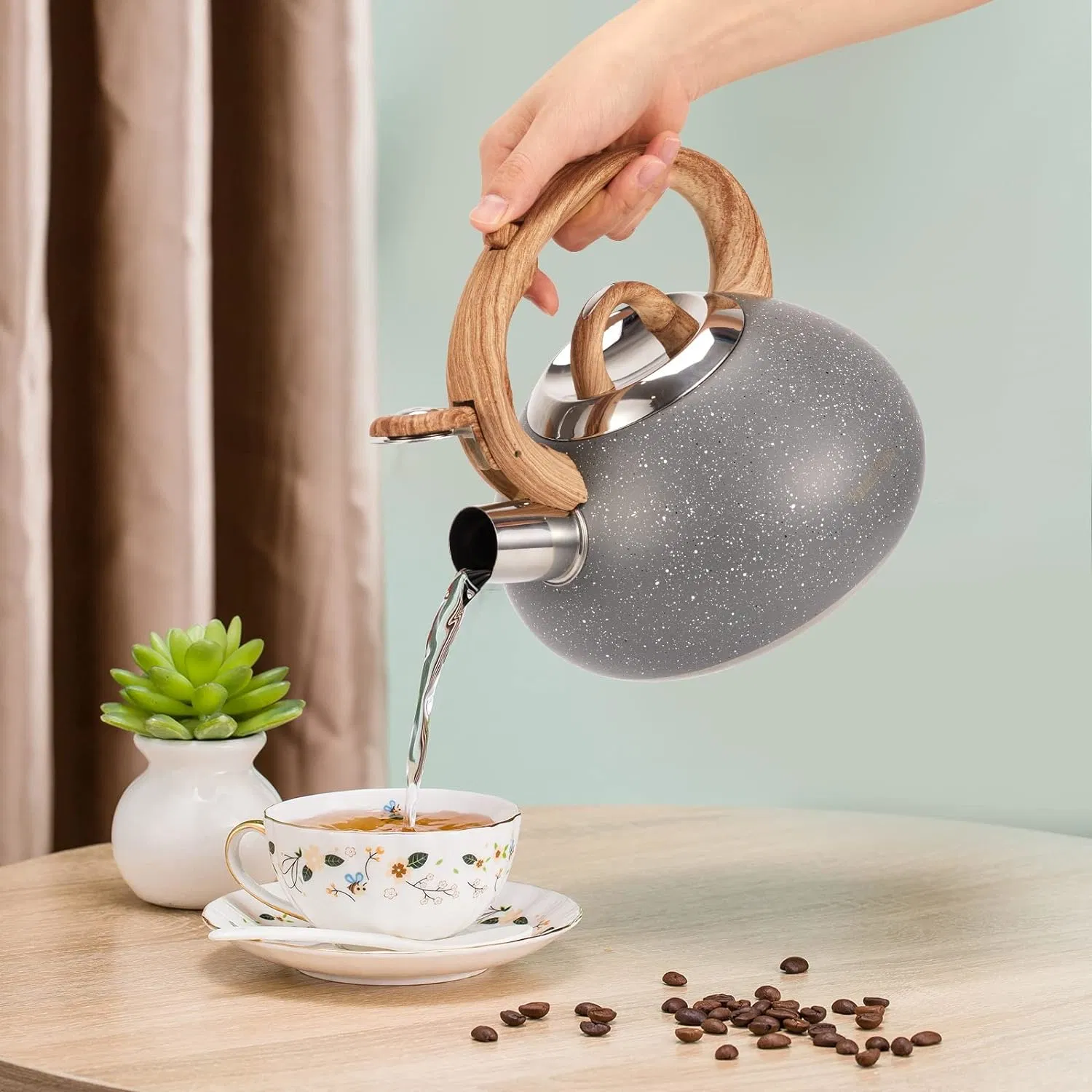 Tetera - silbido de estufa fuerte Teapot hecho de acero inoxidable de calidad alimentaria con mango de grano de madera adecuado para té, café, leche