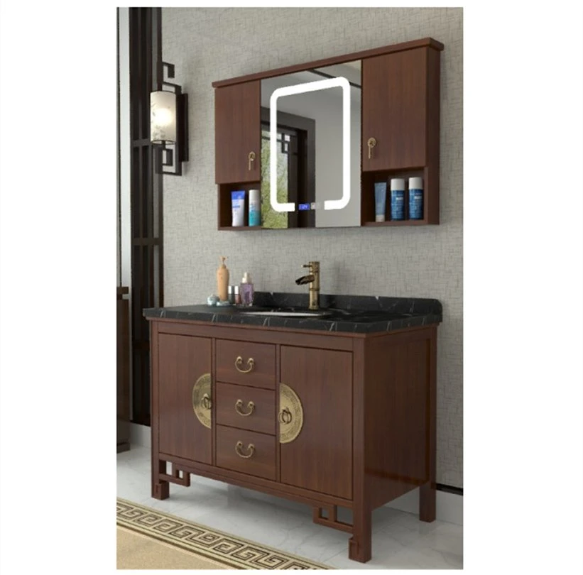 Chinese Style Copper Handle Oriental Ancient Charm Brown Solid Wood Bathroom Cabinet