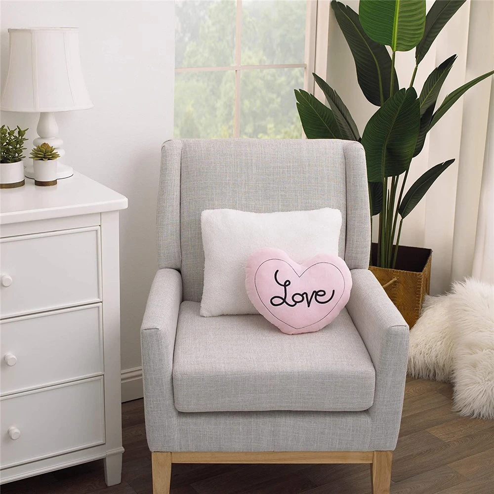 Hugs & Kisses, Heart Shaped Decorative Pillow with Embroidered &prime; Love&prime; Decorative Nursery Pillow