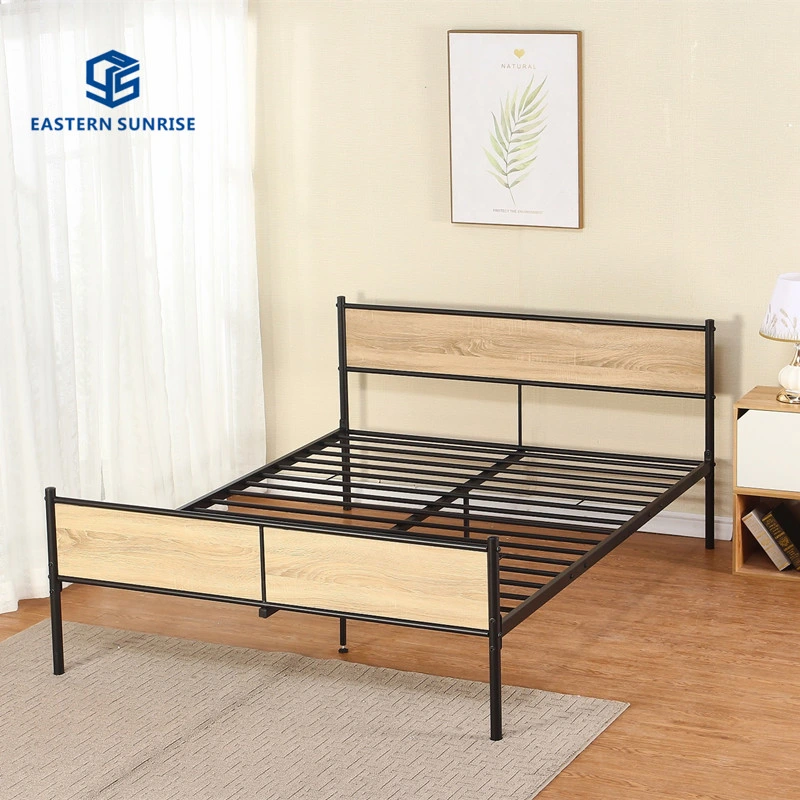 Novo design mobiliário de quarto, moldura de cama em metal com cabeceira de madeira, montagem fácil
