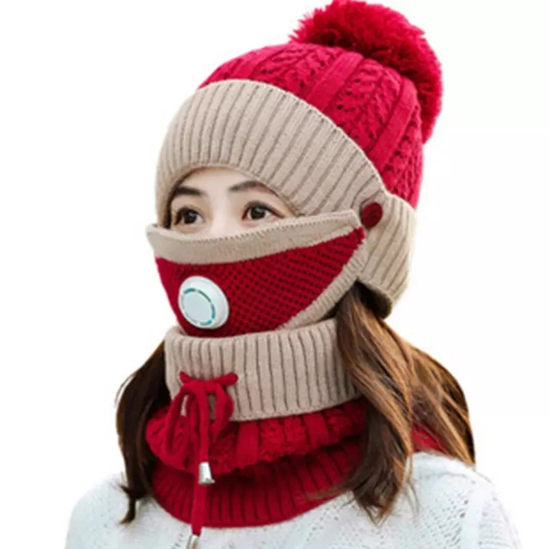 Velo quentes no Inverno tricotado Hat Cachecol Máscara Definida Girl protetores de Tampa com malha de Design Personalizado POM POM Beanie Hat para Mulheres