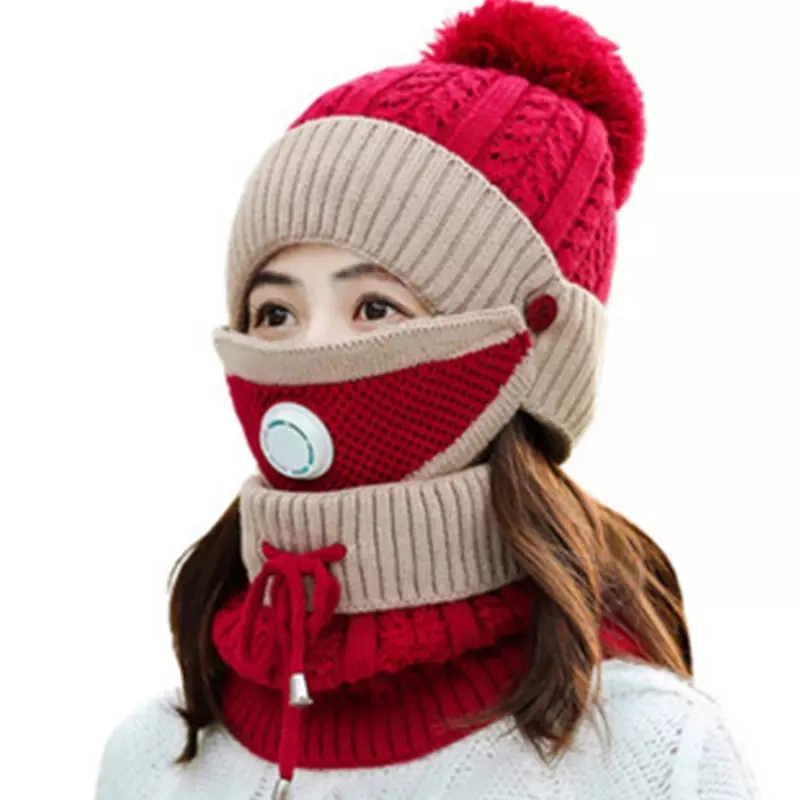 Sombrero de invierno cálido tejido polar bufanda conjunto de la máscara facial gorro con orejeras chica Pom Pom Diseño personalizado tejidos de punto Beanie Hat para las mujeres