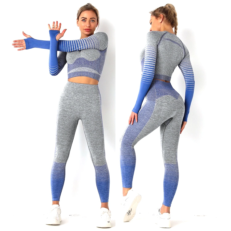 Hot Fashion Gray + Gradient Stripes Long Sleeve Seamless Gym Sports Wear for Female, Custom Sexy Activewear Butt Lift Leggings and Crop Top Running Sweat Suit