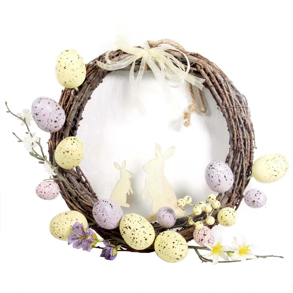 Spring Decor Easter Egg Rattan Wreath with Wood Bunny Mini Rabbit Easter Animal Ornaments Lovely Silk Bow Knot Easter Decoration