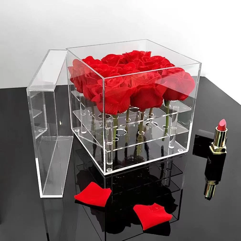 Factory Customized Square Clear Acrylic Flower Storage Boxes Acrylic Rose Gift Box