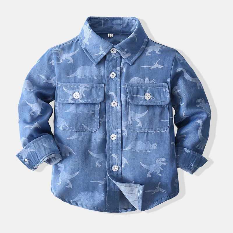 Factory Foreign Trade Children's Clothing 2020 Spring and Autumn New Boys' Long-Sleeved Cartoon Dinosaur Denim Shirt