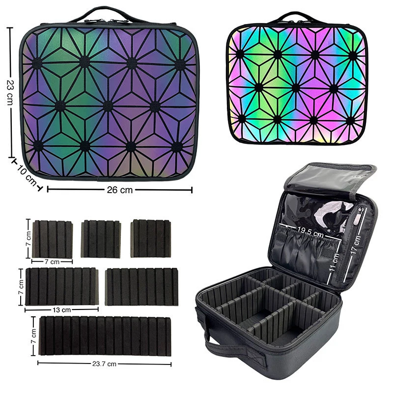 New Fashion Portable Cosmetics Bag Geometric Luminous Removable Compartment Travel Makeup Box Cosmetic Case