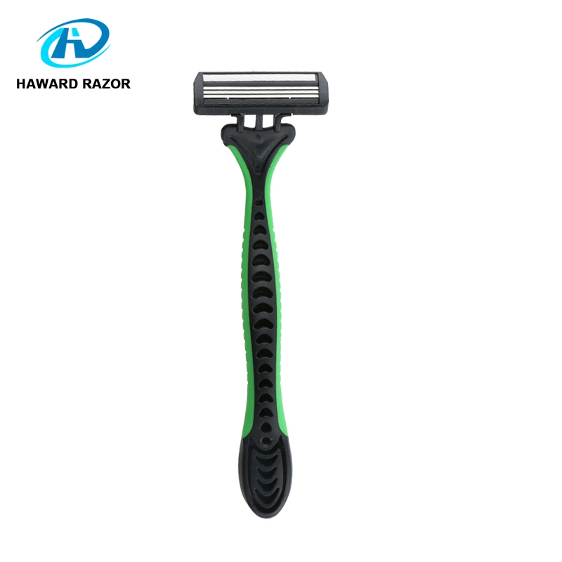 D316L Customized Green Rubber Handle Disposable Razor Shaving Tool 3 Blade Men Razor