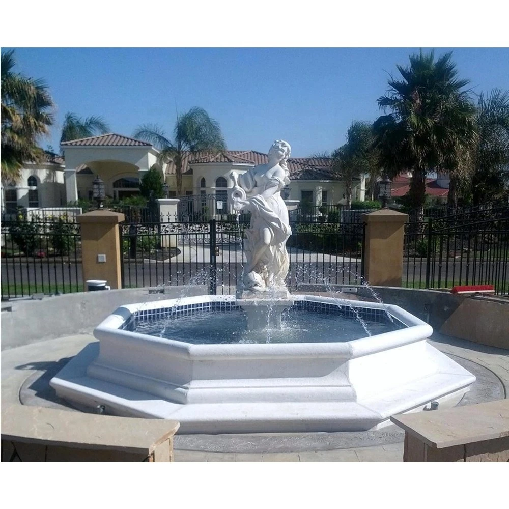 White Marble Octagonal Fountain with Life Size Standing Woman Statue