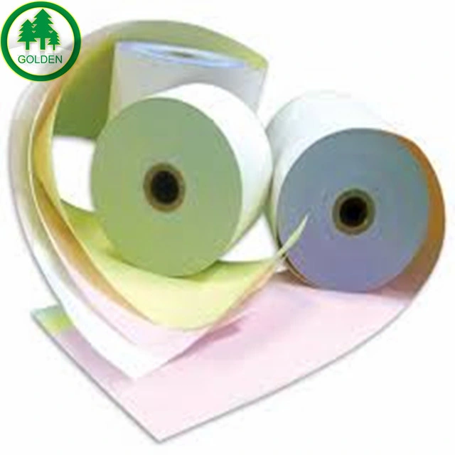 Papiers autocopiants sans carbone avec des tailles personnalisées de différentes couleurs rose, jaune, bleu, vert et blanc.