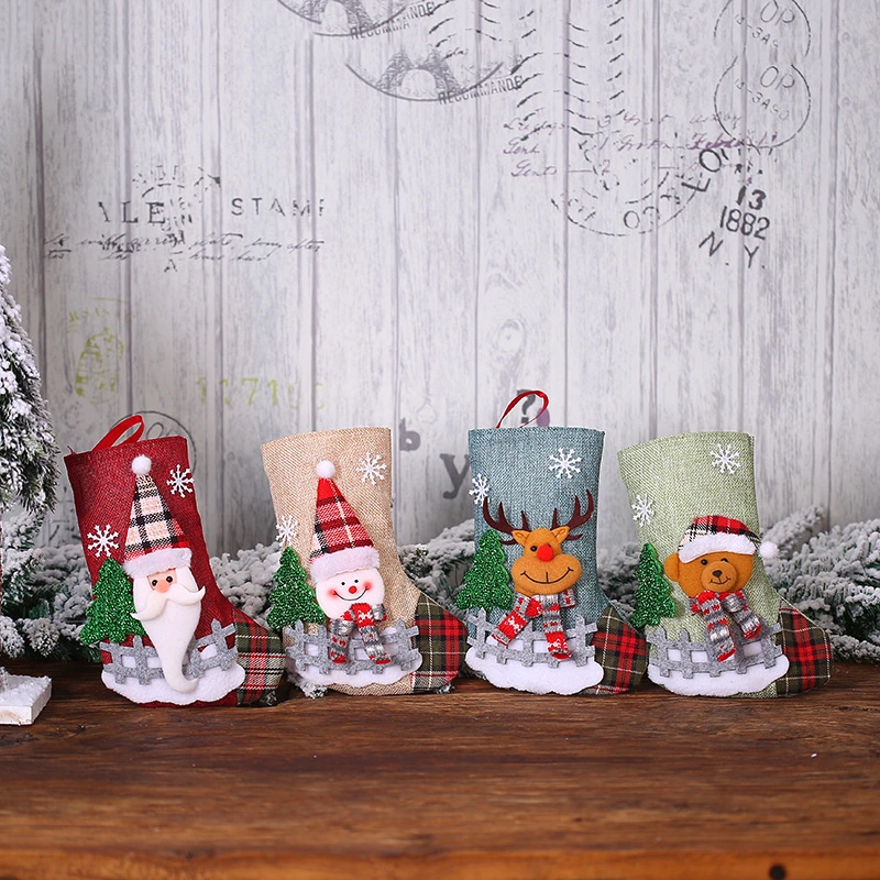 Christmas Decorations Santa Claus Socks Plaid Doll Linen Socks Christmas Tree Pendant Ornaments Christmas Gift Bag Decoration