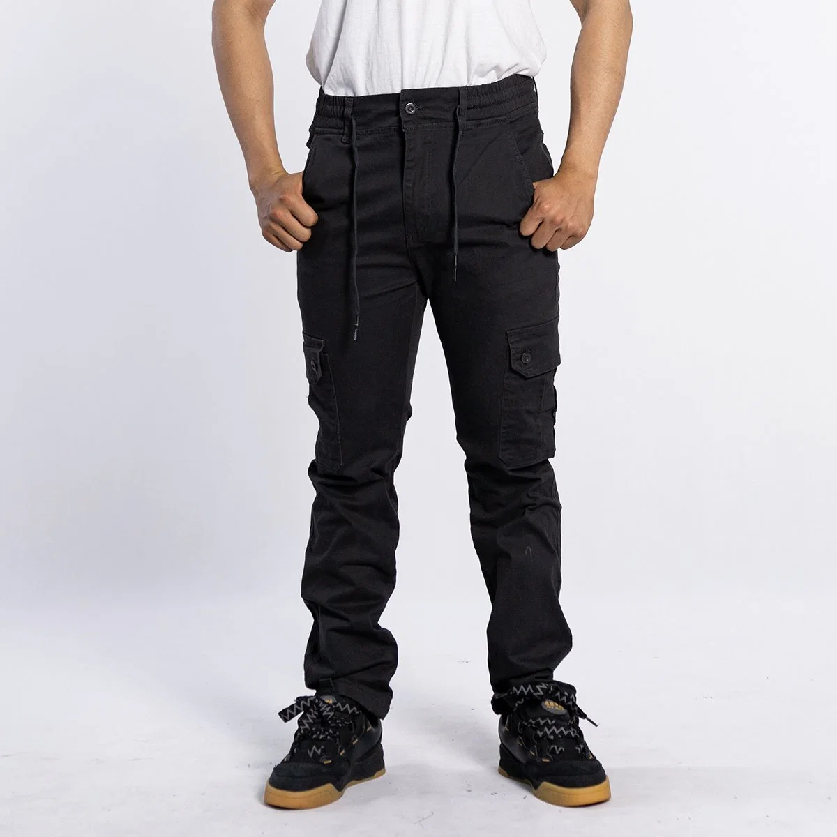 Custom European Style Elastic Waist Black Straight Fashion Men Cargo Pants