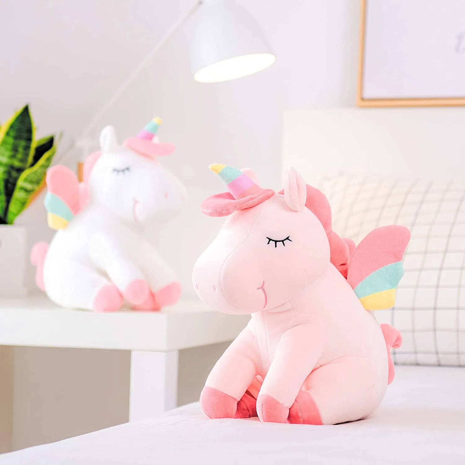 Ailes arc-en-ciel Licorne en peluche rose et blanche Jouets cadeaux 12 pouces