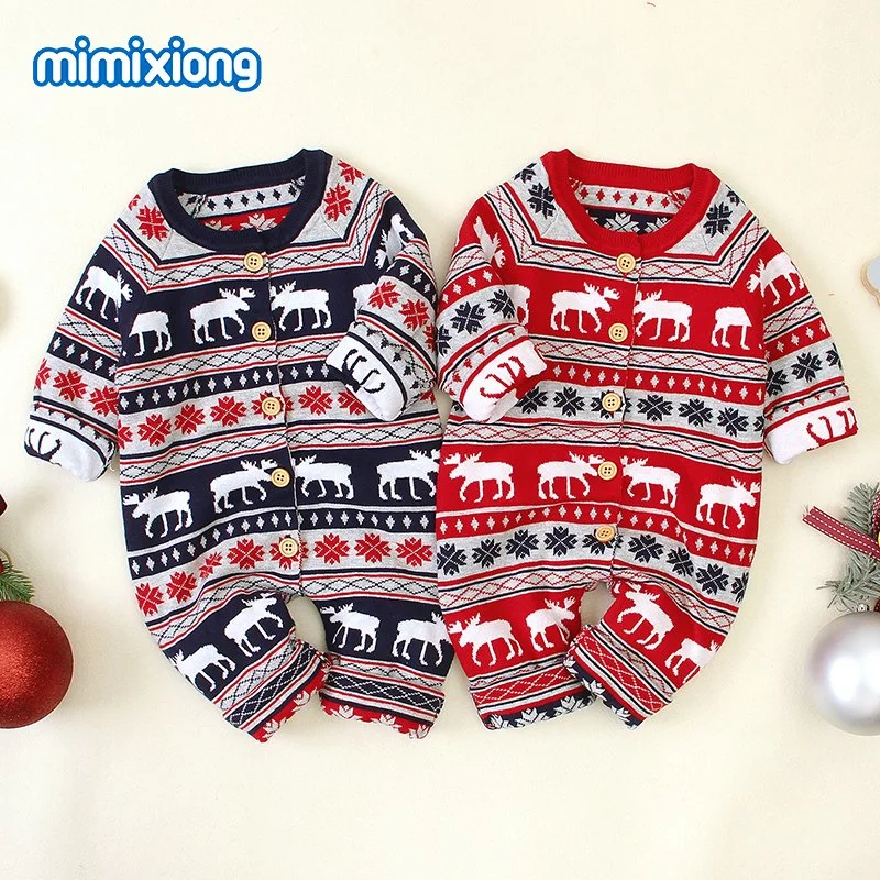 Christmas Custom Unisex Cute Elk Pattern Newborn Baby Ropmers Clothing Products