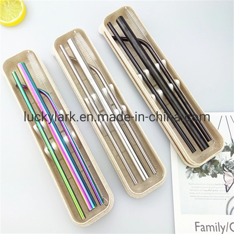 Wholesale High Quality Reusable 304 Metal Custom Logo 6mm Colorful Cocktail Stainless Steel Drinking Straw Set with Brush Cleaner Bag Plastic Gift Box