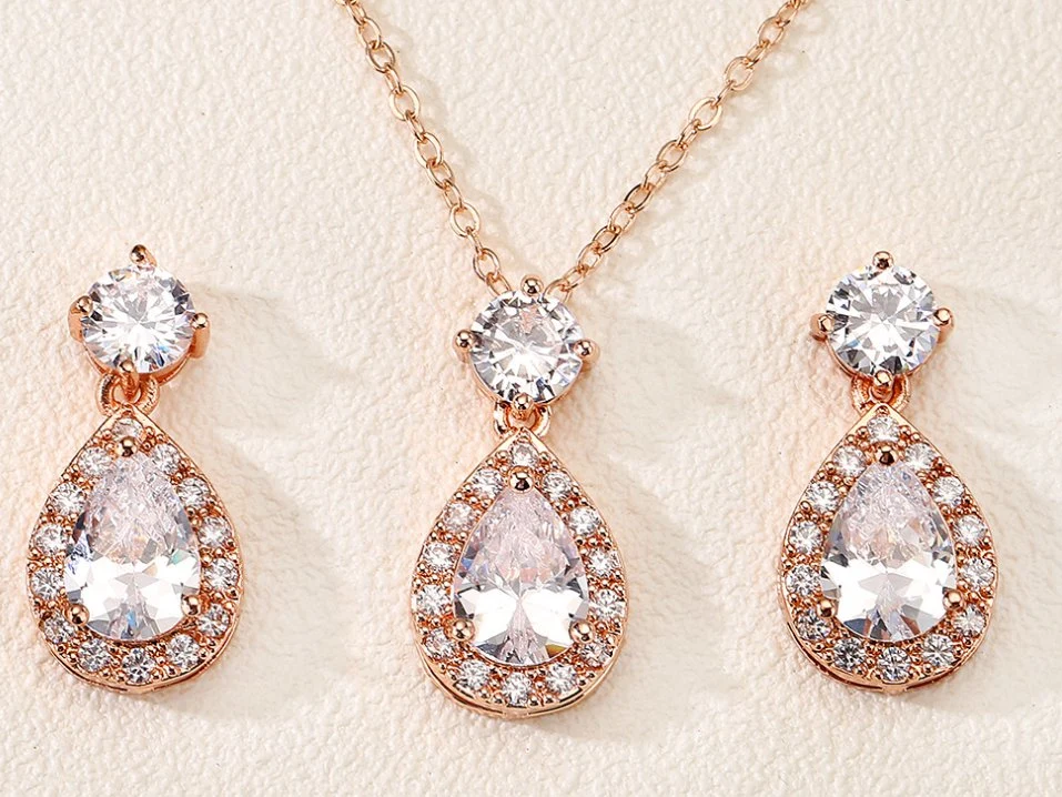 Rose Gold Teardrop Pear Shape CZ Necklace Pierced Earrings Women. Wedding Jewelry Sets