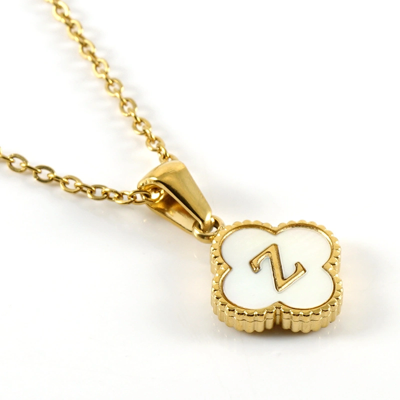 Fashion Gold Plated Stainless Steel Shell Inlay Four Clover Letter Alphabet Initial Charms Pendant Necklace Jewelry for Women