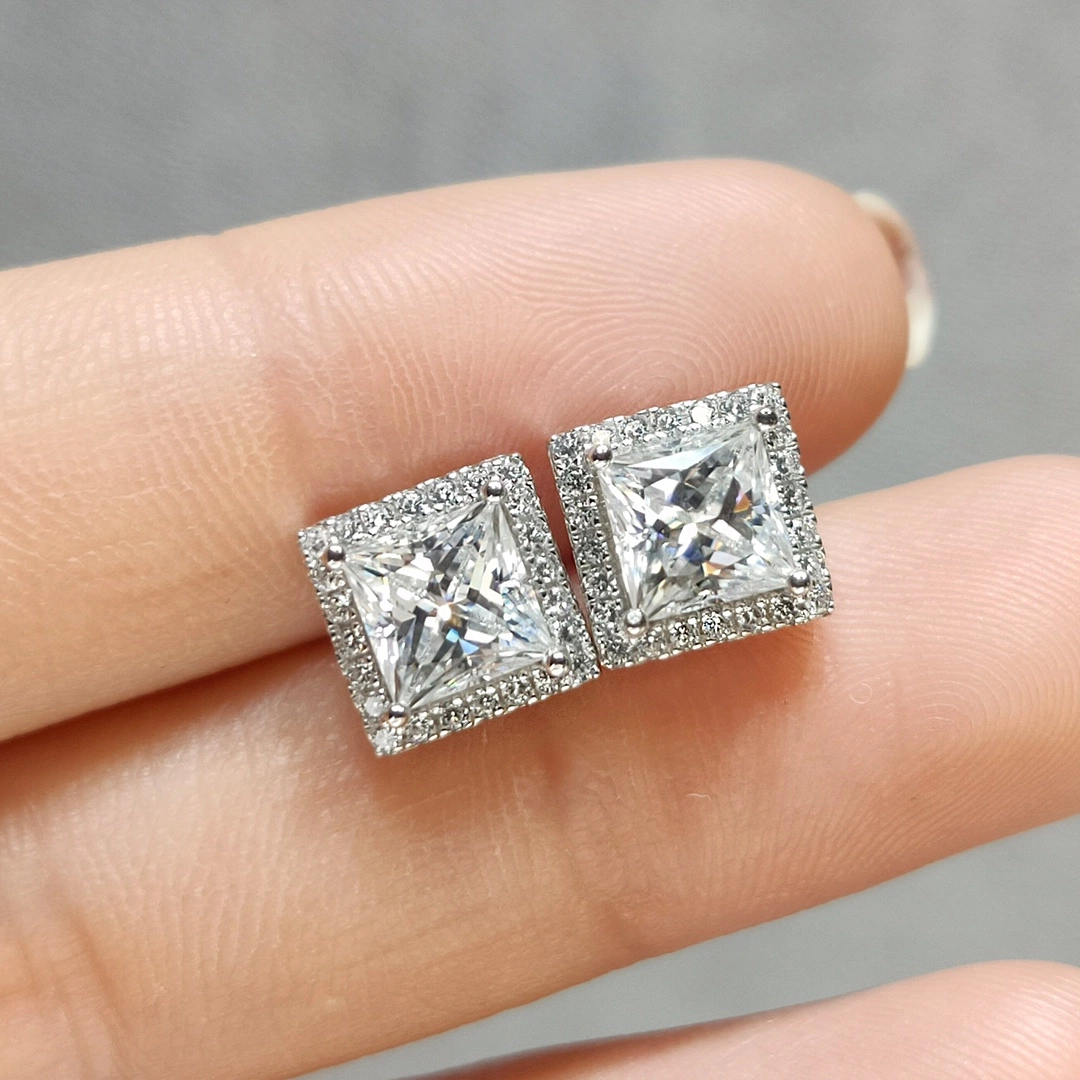 Silver 925 Original Total 2-4 Carat Princess Cut Diamond Test Past D Color Square Stud Earrings Real Gemstone Jewelry