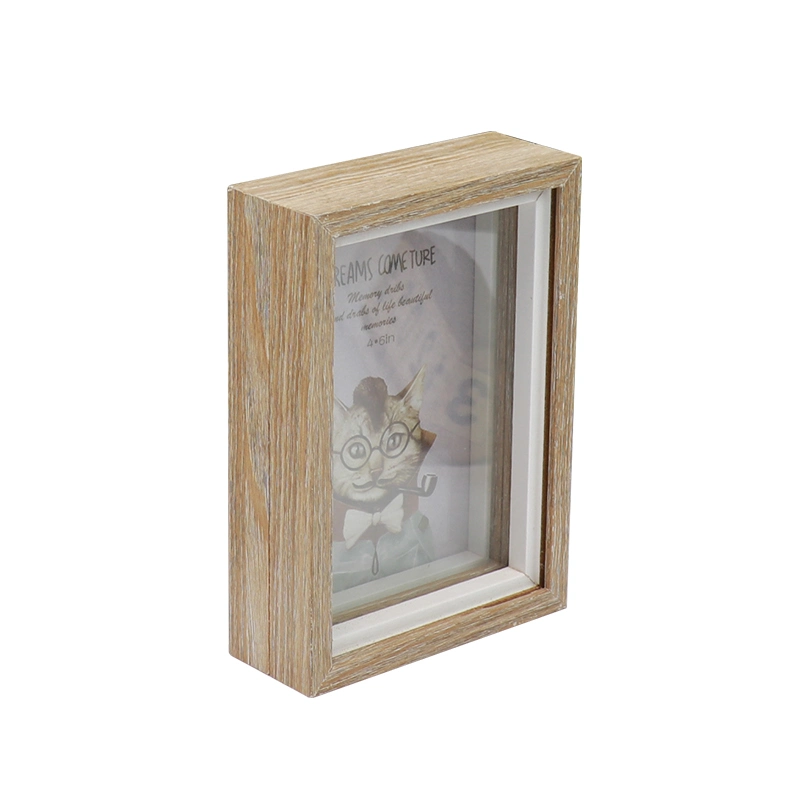 Double Glass Solid Wood Floating Photo Picture Frame for Tabletop Ornaments Rustic Home Decor