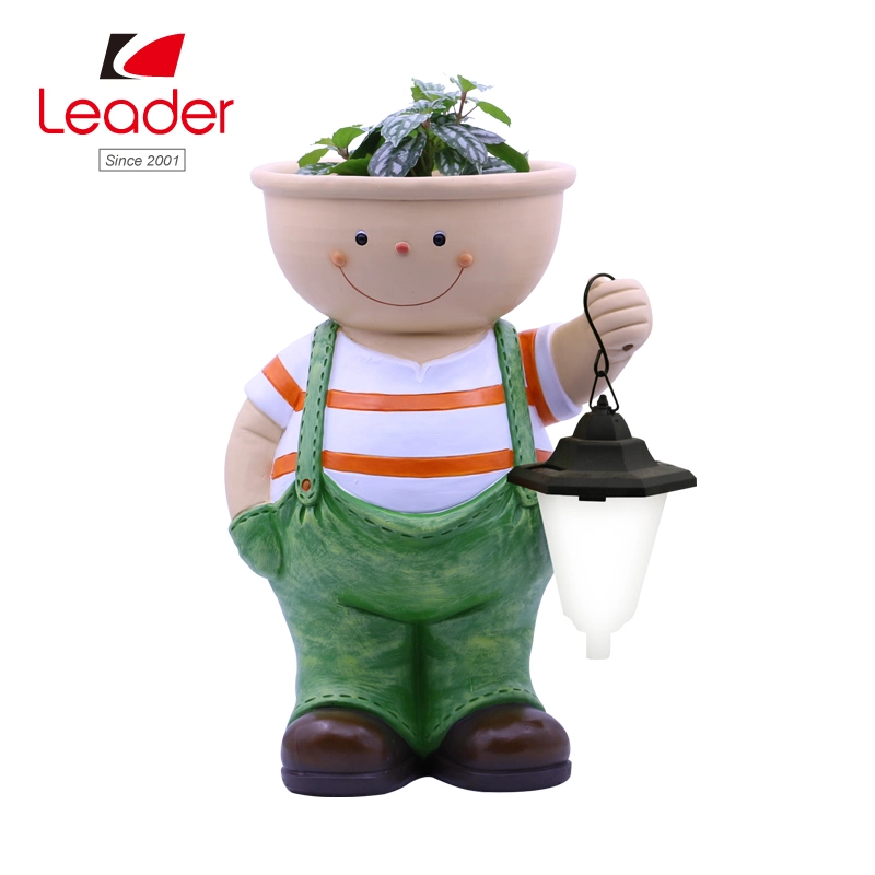 Big Cool Kid Girl with Lantern Flowerpot for Home and Garden Decor