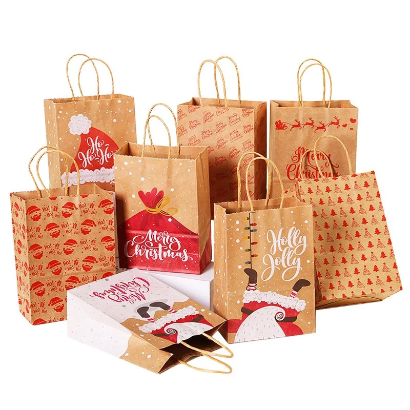 precio de fábrica las decoraciones de Navidad reciclables Kraft marrón bolsa de papel con asa de papel Bolsas promocionales