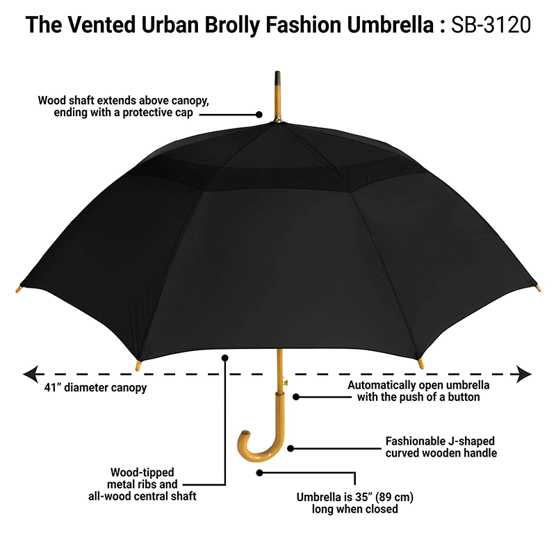 Parapluie suspendu à double couche noire de 23 pouces avec manche en bois ventilé Gentleman et poignée en bois.