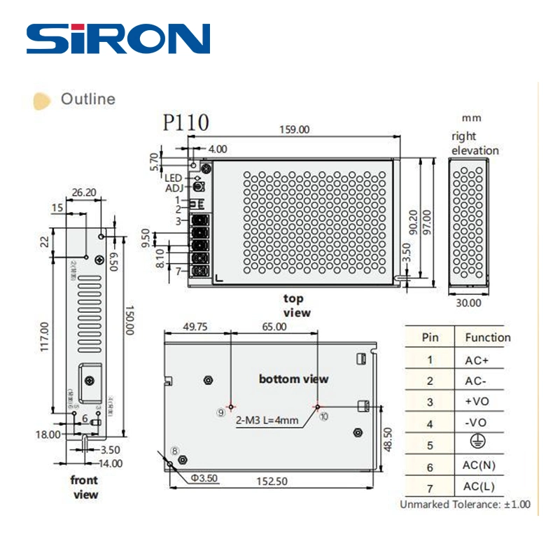 Siron P110 75W 120-430VAC/85-305VDC Función PFC Variable AC-DC de alimentación de conmutación