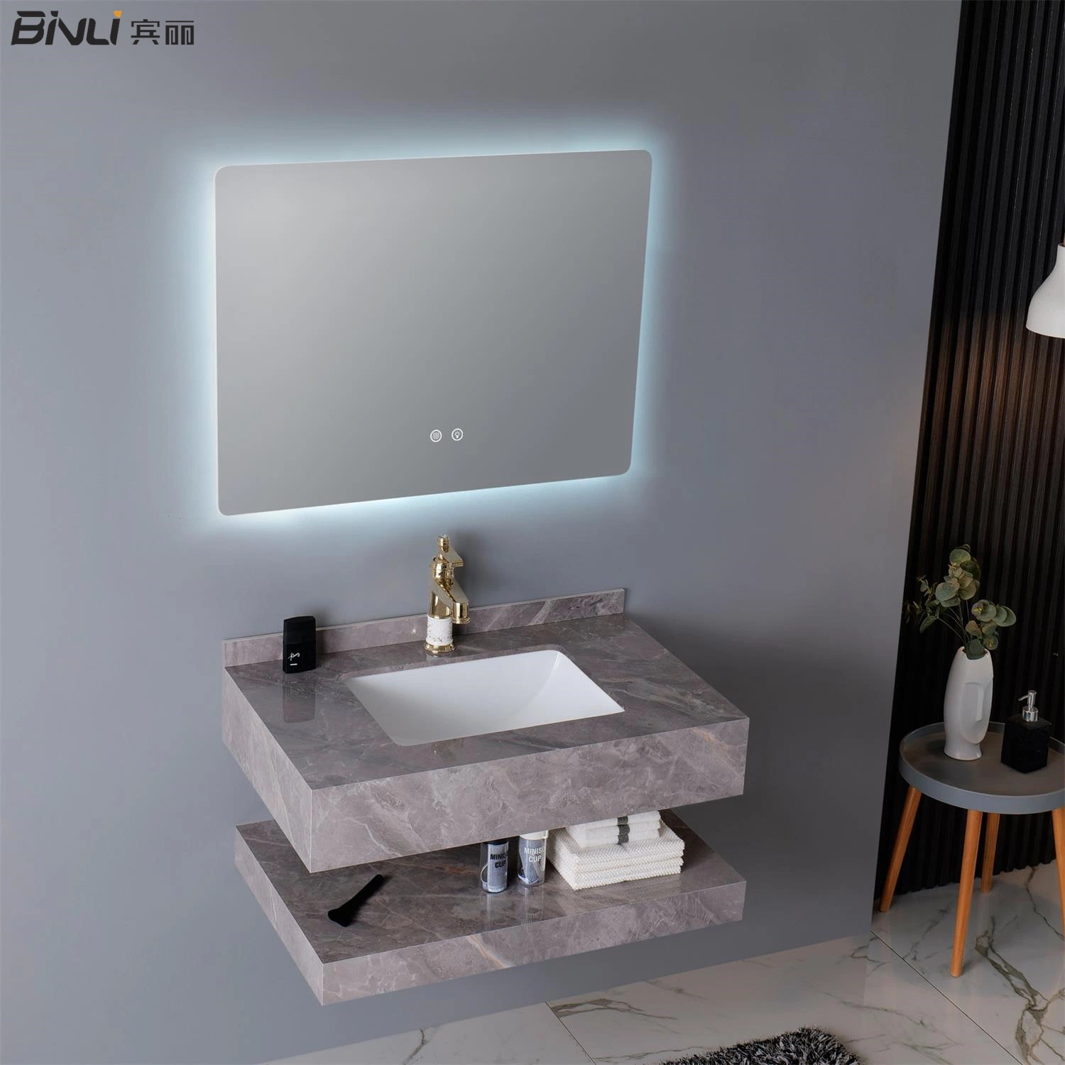 Muebles de hogar lavabo de cerámica integrada de banda de Rock Stone baño flotante vanidad Fregadero