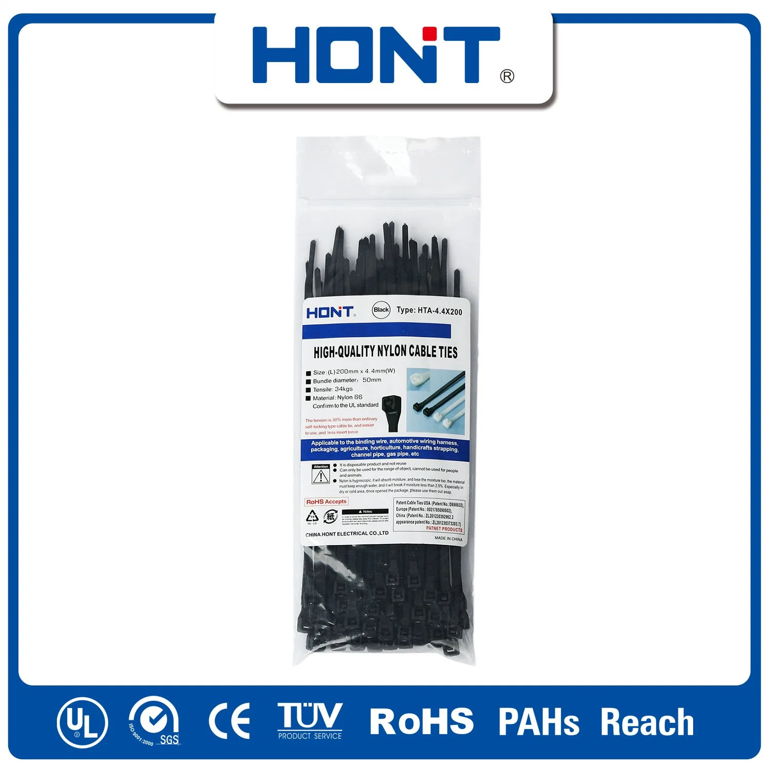 2.5/3.6/4.8/7.2/9/12 ISO Approved Hont Plastic Bag + Sticker Exporting Carton/Tray Label Tag Nylon Cable Tie