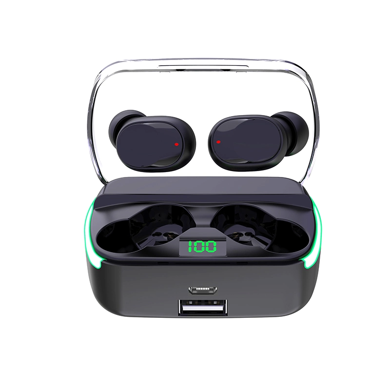 2023 New Design Wireless Earphones Mobile Power Intelligent Digital Display with Clear Cover Green Light Bluetooth Earphones