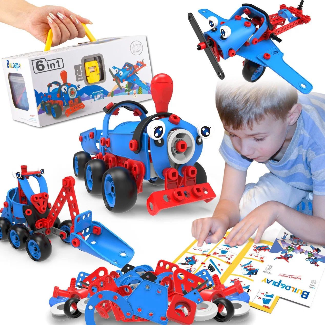 142PCS 6-in-1 DIY Building Kit Educational Construction Play Set Children Fine Motor Skill Training Creative Robot Vehicle Screw and Nut Assembly Kids Stem Toy
