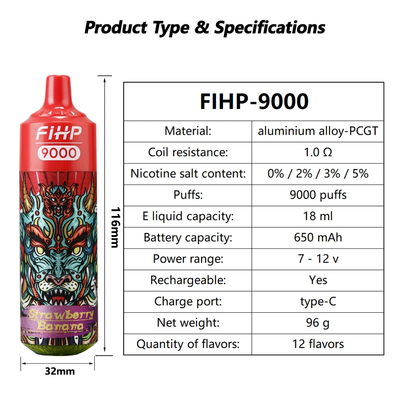 Fihp 9000 Puffs stylo à usage unique Vape Pun 9K rechargeable, commerce de gros E cigarette Vape