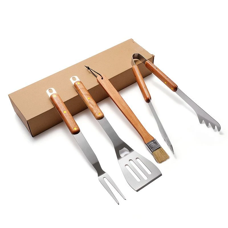 4 Pieces Outdoor Barbecue Utensils Solid Rubber Barbecue Tool Set Kraft Paper Box Wbb16010