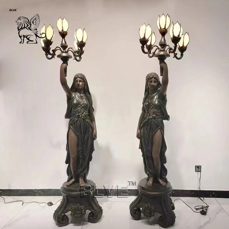 Garden Antique Metal Life Size Elegant Lady Lamps Sculpture Bronze Women Statues Lamp Factory