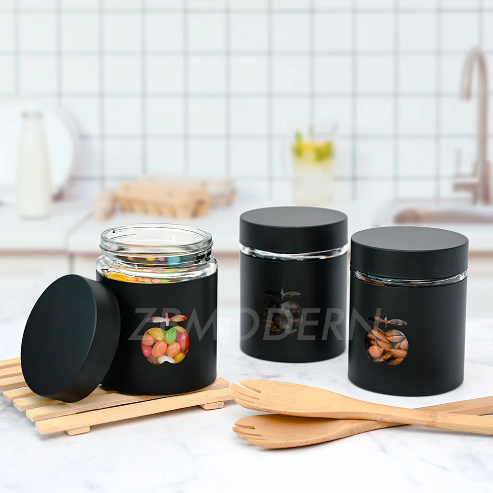 Ensemble de la cartouche en acier inoxydable noir pour comptoir de cuisine avec couvercle hermétique de fenêtre en verre de nourriture des récipients de stockage avec couvercles étanches