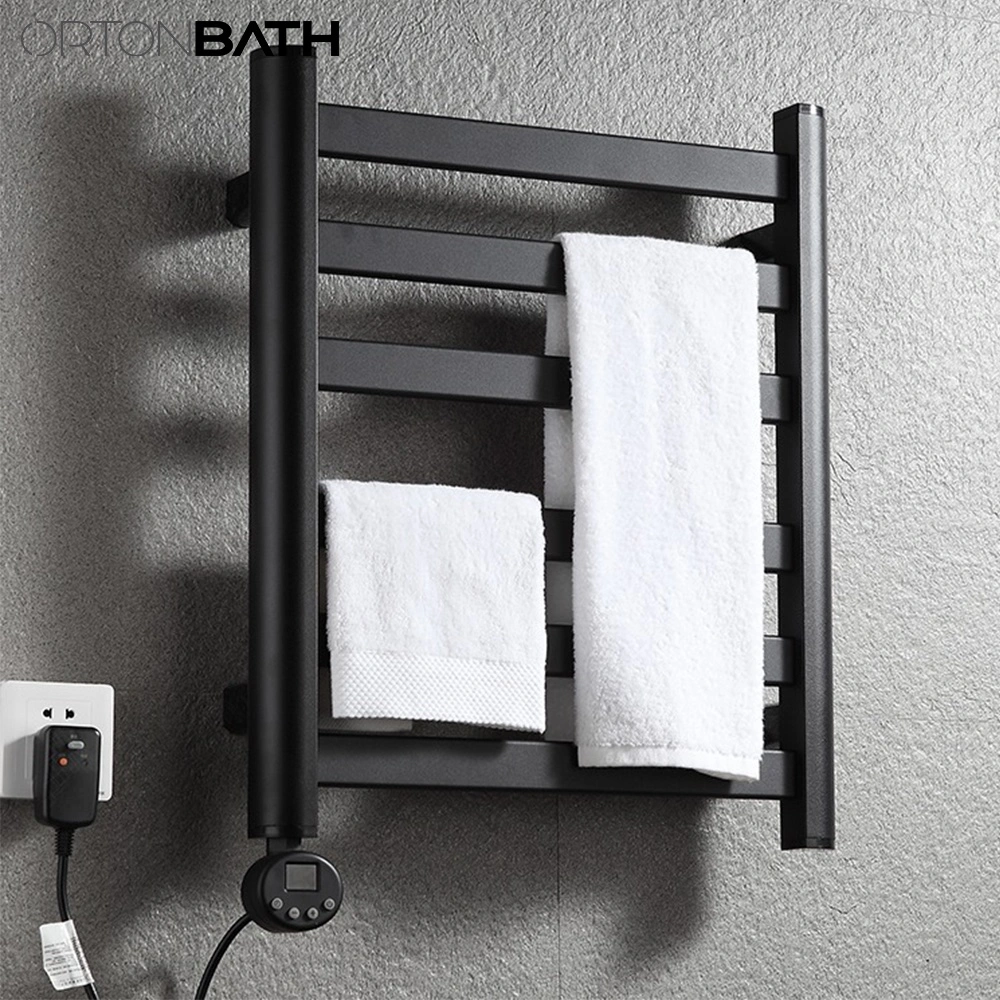 Ortonbath Matte Black Towel Warmer for Bathroom Wall Mounted CE Plug-in Electric Heated Towel Rack Stainless Steel 4 Bars Drying Rack