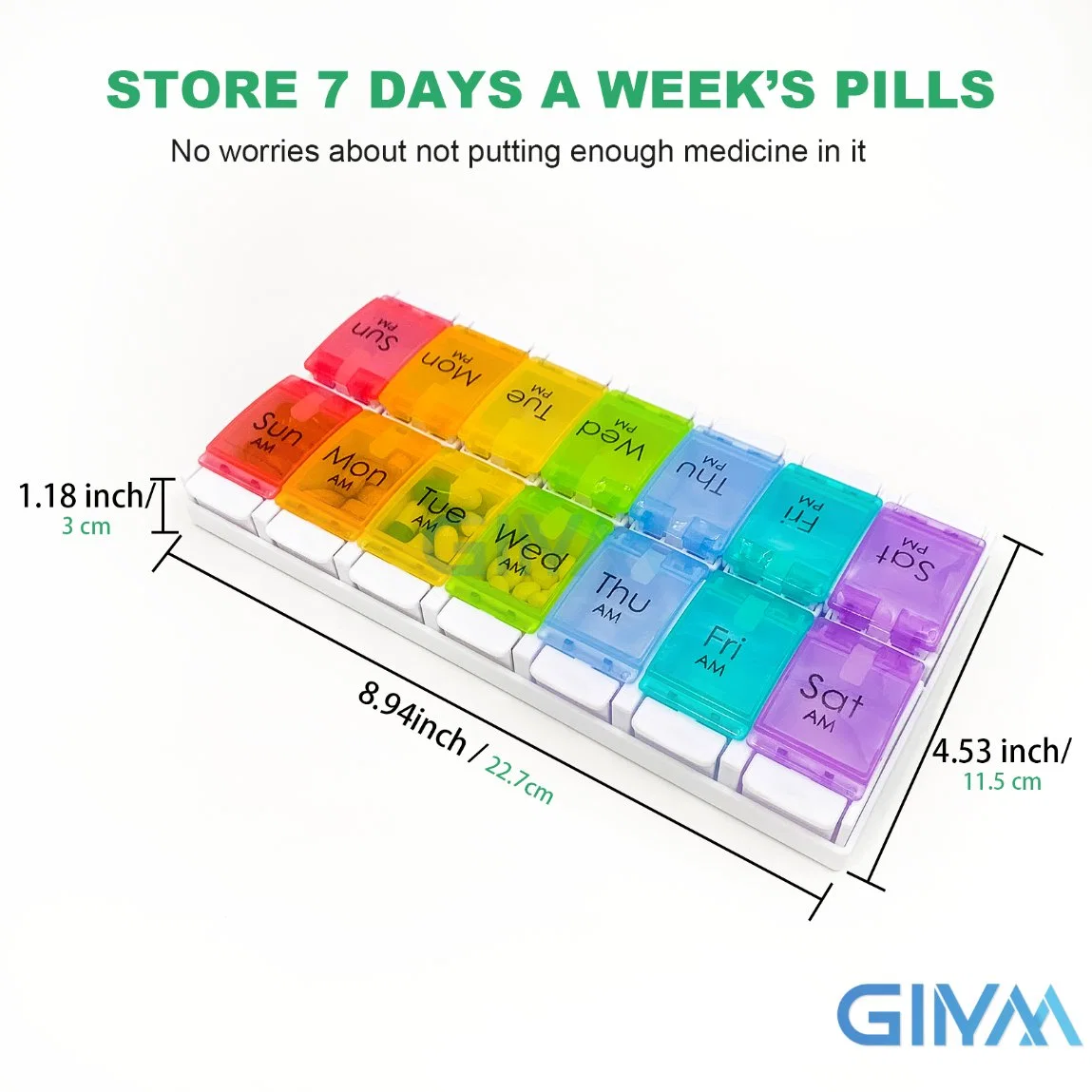 Weekly 7 Day Pill Organizer, Large Daily Pill Cases with Easy Push Button Design for Pills/Vitamin/Fish Oil/Supplements