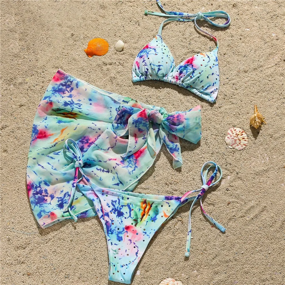 Swimwear Glitter Crystal Swimsuit Bikini Sets 3 Pieces Lace up Summer Beach Wear for Women and Girls