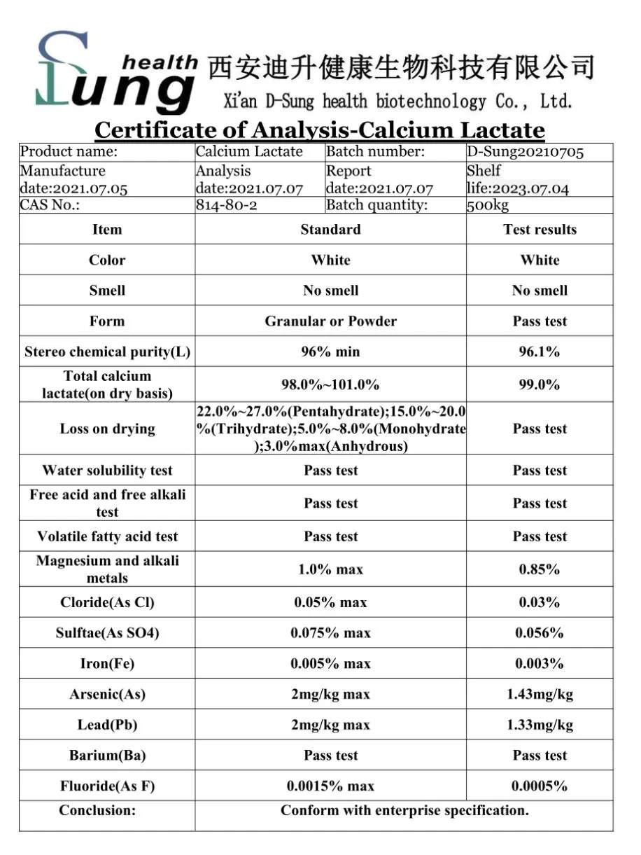 Supplement CAS 814-80-2 Calcium Lactate Raw Material Calcium Lactate Food Additive Calcium Lactate