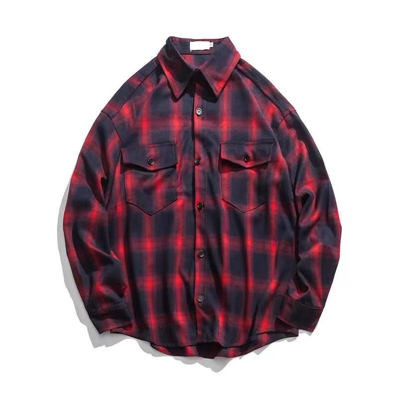 Custom 100% Cotton Heavyweight Retro Vintage Spring Autumn Winter Long Sleeve Purple Plaid Flannel Shirt for Men