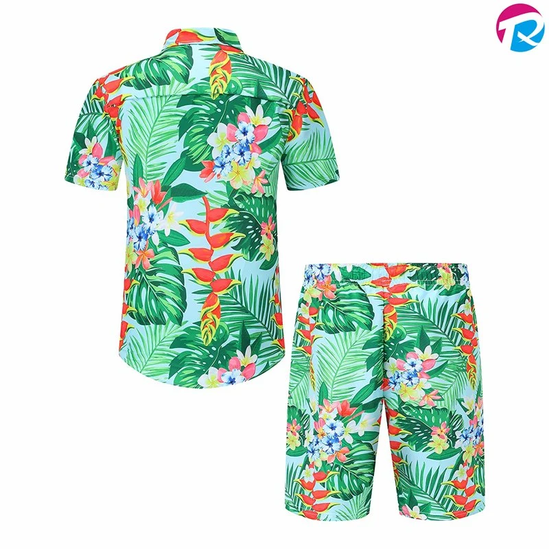 Custom Men Summer Hawaii Printed Shirts Hawaiian Beach Wear Matching Shirts and Pants Set