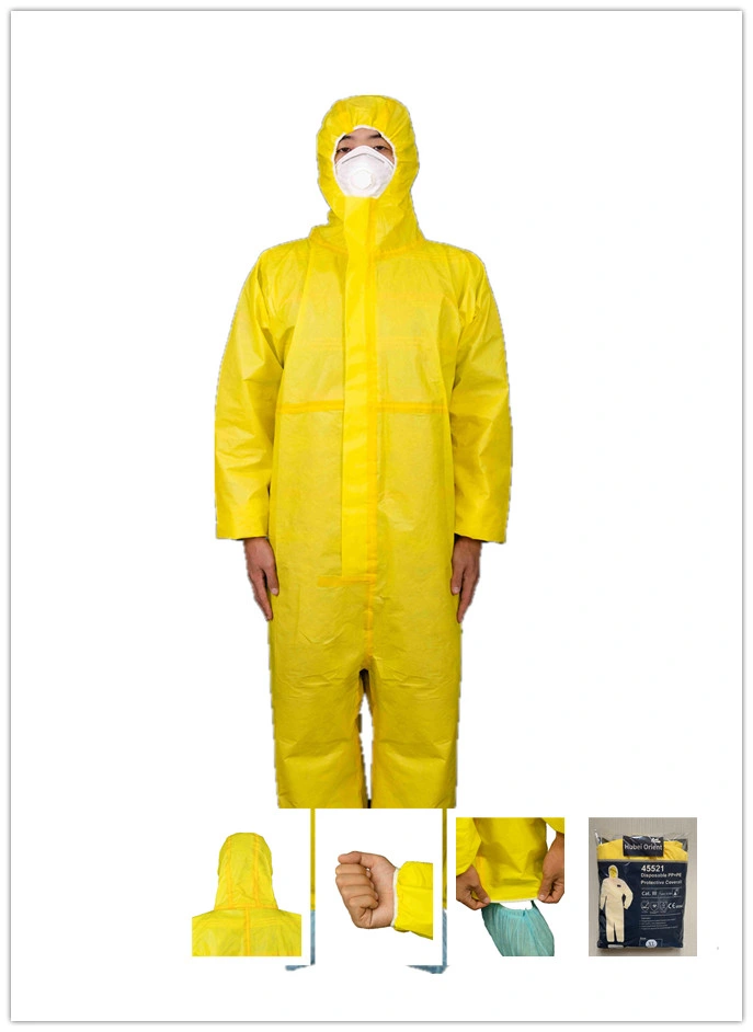 Anti-Static Fluid-Resistance Tipo 3b Amarillo desechable uso de mono médico con Capucha elástica para aerosol de pintura