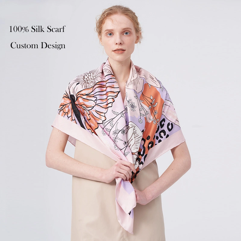 China Factory Digital Printing 100% Silk Lady Fashion Silk Scarf with Custom Label