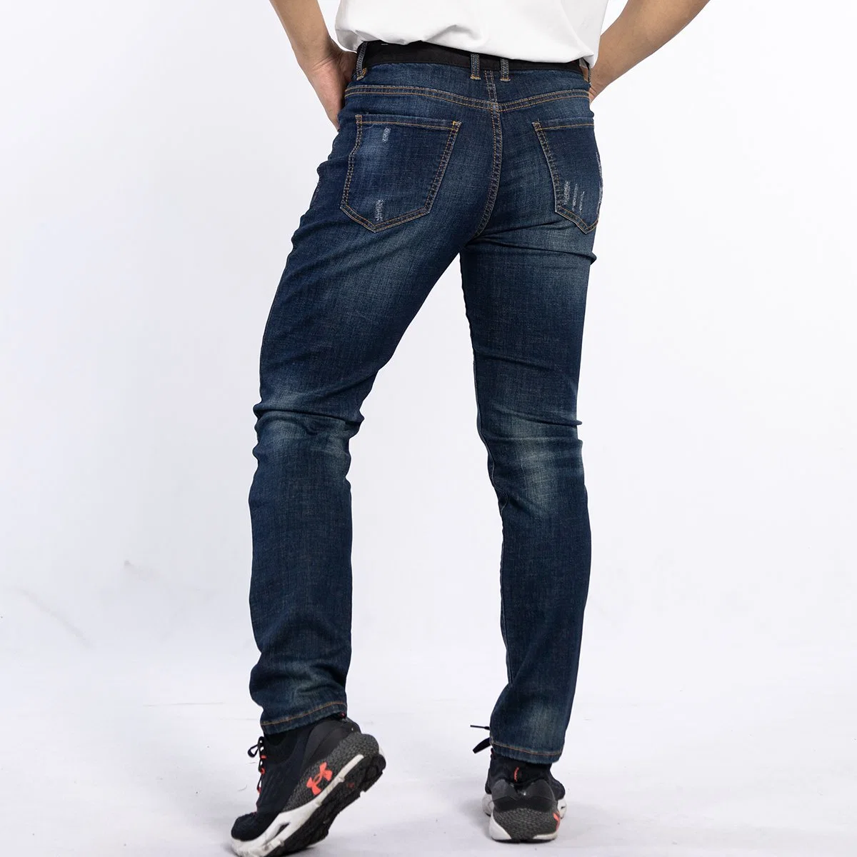 Custom American Style Logo Embroidery Patchwork Waist Ripped Denim Jeans for Man