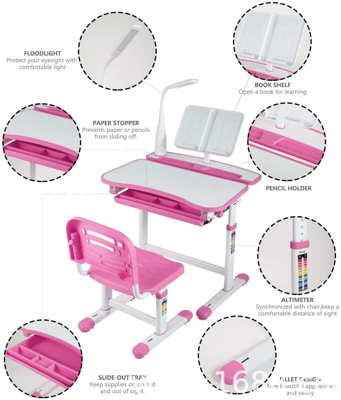 Schulmöbel Kinder Schreibtisch und Stuhl Set mit LED-Licht