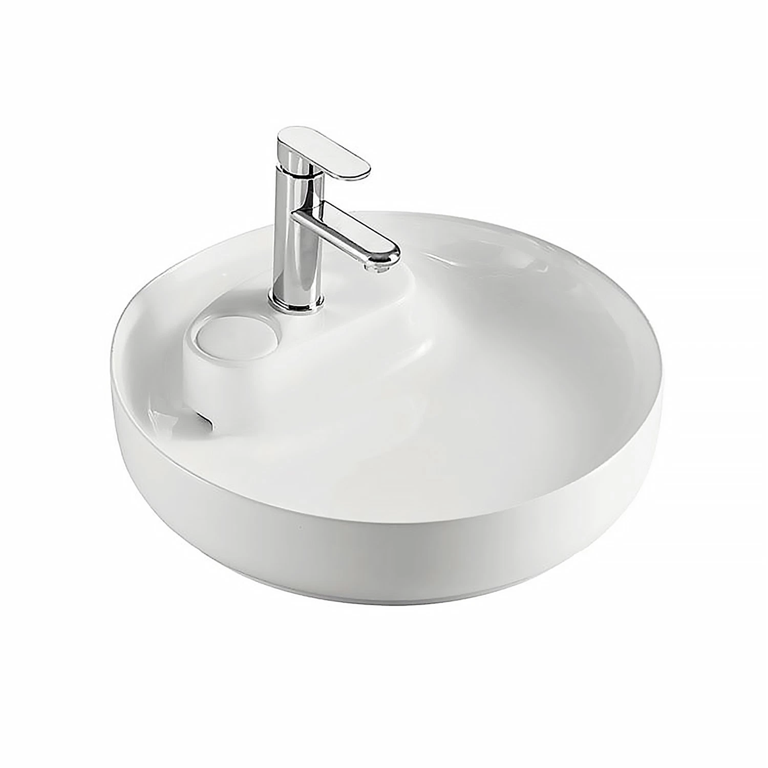 Glassy White Round Vitreous China Ceramic Thin Rim Vanity Above Counter Bathroom Handmade Cabinet Art Wash Basin with Levitated Side Drain