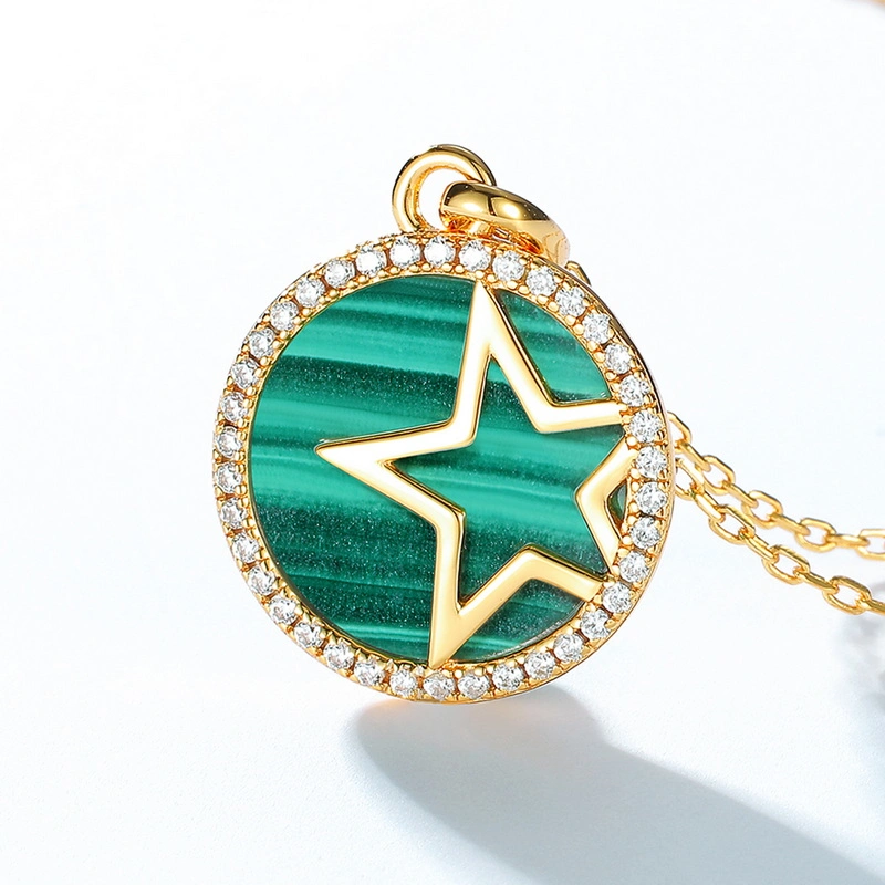 Top Selling Natural Malachite Round Coin Gemstone 925 Silver Gold Plated Chain Dainty Minimalist Layering Necklace for Her