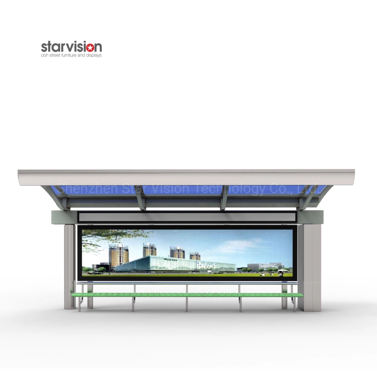 محطة حافلات إعلانات من الفولاذ المقاوم للصدأ مع مقعد في المدينة المدينة